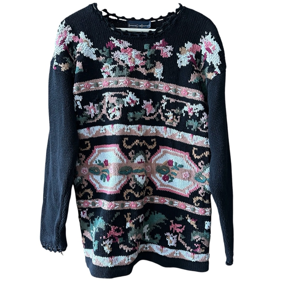 Daniel Hechter 100% Cotton Cottagecore Sweater Dark Florals Knit Grandma Chic